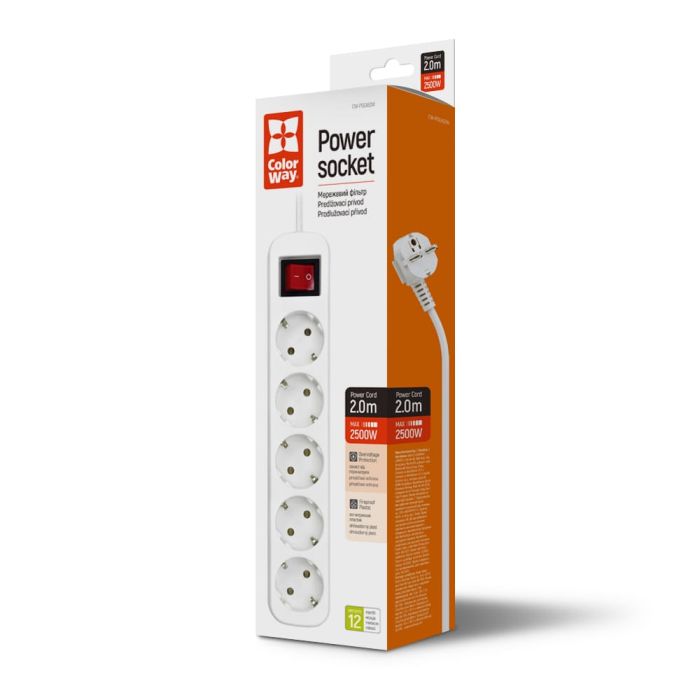 Мережевий фільтр ColorWay 5 розеток/2M (CW-PSEA52W) White
