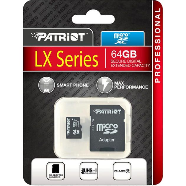 Карта пам'яті microSDXC, 64Gb, Patriot LX, Class10 UHS-I U1, SD адаптер (PSF64GMCSDXC10)