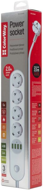 Фильтр СolorWay 4 розетки/4USB White 2M