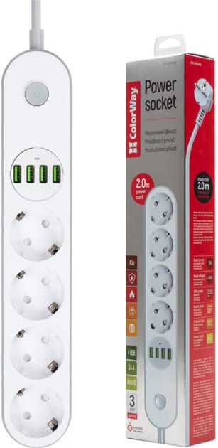 Фильтр СolorWay 4 розетки/4USB White 2M